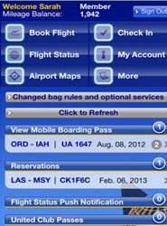 Interfaz de la nueva aplicación de la aerolínea estadounidense United. 