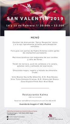Menú especial San Valentín 2019 del hotel Madrid Marriott Auditorium.